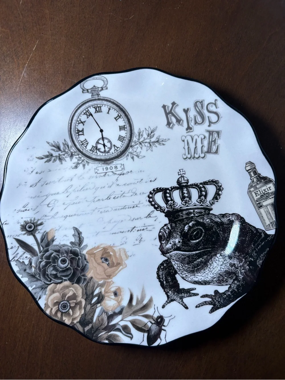 Kiss Me Crowned Frog Decorative Wall Plate - Black, White & Tan